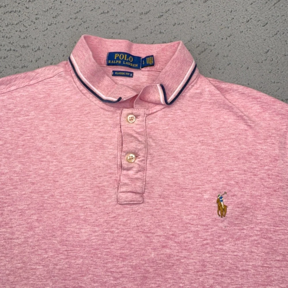 Ralph Lauren Polo Shirt Mens Large Pink Classic Fit Heathered Pony Tip Collar